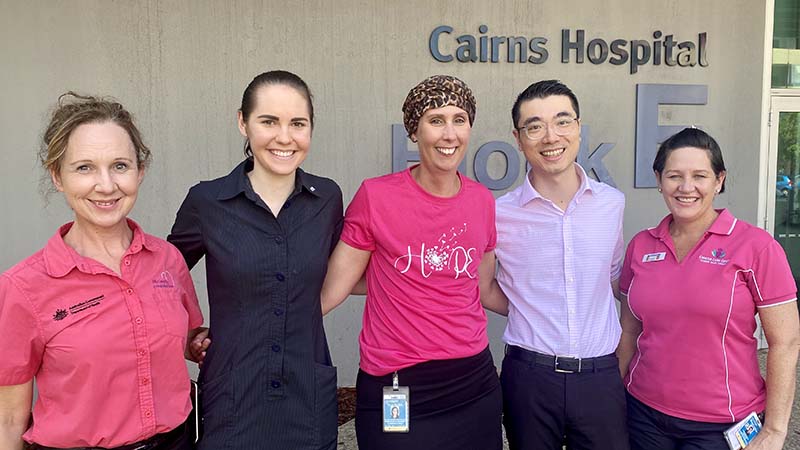 Kylie (centre) with some of the people who have supported her (from left) Dierdre Maunsell (BreastCare), Hannah Pope (Oncology), Dr Wilson Choi (Radiology), Bridget Fearon (Oncology).