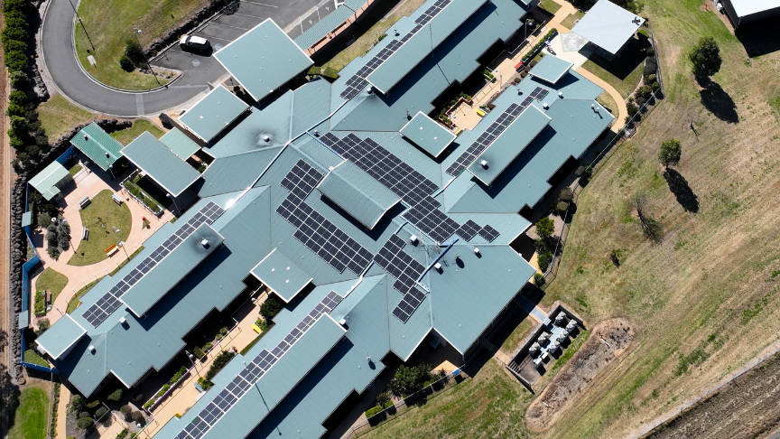 Aerial photo of solar panels at Warwick Hospital