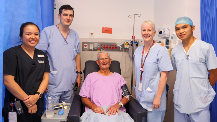 The first angiogram patient at Toowoomba Hospital, Ken with some of the treating team Alanea Espiritu, Dr Robert Gluer, Kirsten Douglas-Robinson and Joe Senagan