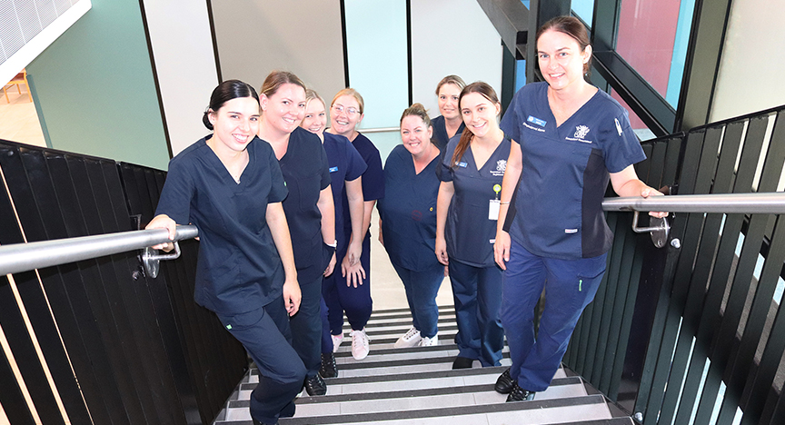 Gladstone’s Hospital’s new Graduate Nurses (front from left) Brittany MacBean, Kristy-Lee Lloyd, Meg Larson, Keely Dellit, Petina Hawkes, Taylah Walker and Nicki Myler tour their new workplace with Clinical Facilitator Students Tracy Smith (back)