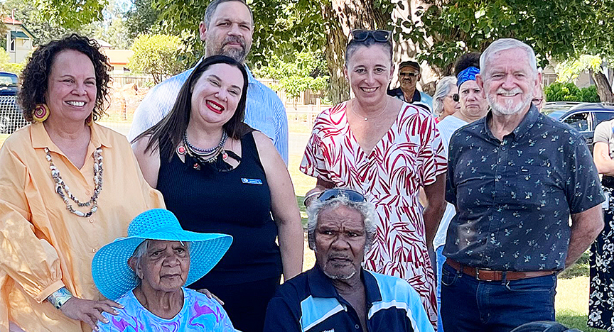 Pictured at the launch of CQ Health's Health Equity Strategy in Woorabinda are (standing, from left): Board member Leanne Wilson, Executive Director Aboriginal and Torres Strait Islander Heath Donna K Cruickshank, Woorabinda Mayor Cr Josh Weazel, Chief Executive Dr Emma McCahon, CQ Hospital and Health Board Chair Paul Bell, and (sitting), Elders Aunty Rosie Thaiday and Uncle Cheetah Mimi.