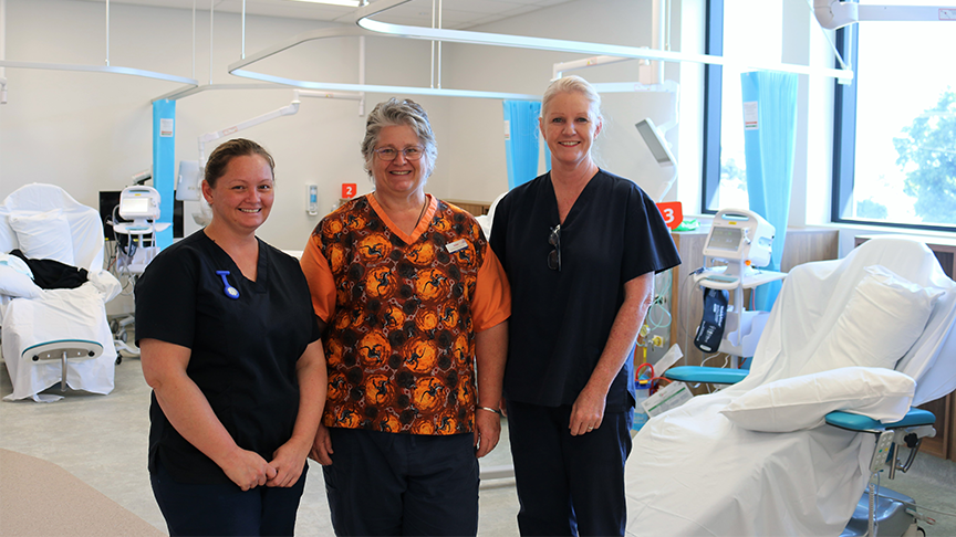Kingaroy Hospital nurses (from left) Sarah Ross, Robyn Bailey and Trudy Bell look forward to seeing oncology patients soon at the hospital’s day therapy unit.