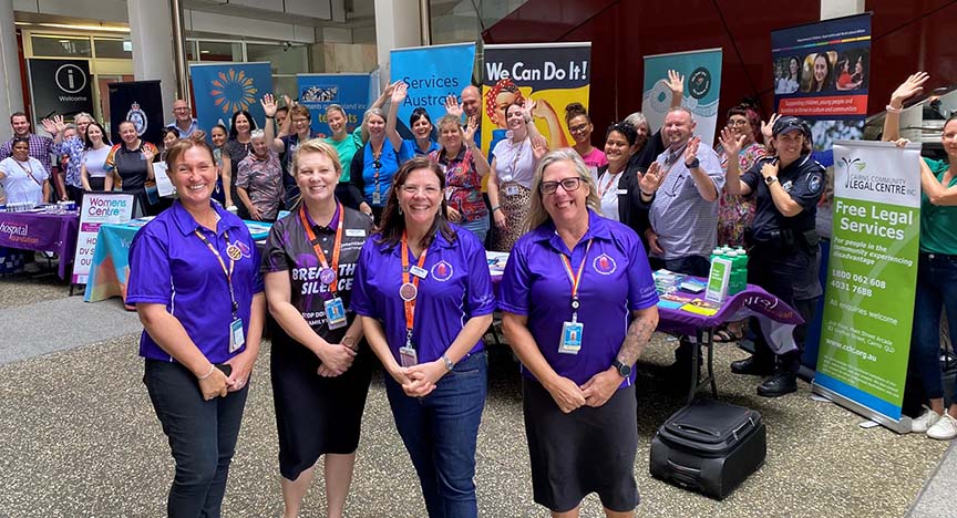 The DFV Unit at Cairns Hospital (from left) Cindy McDowell (DFV High-Risk Management Team rep); Rachael Christensen (DFV educator); Sue Vucak (DFV Advanced Social Worker), Michelle Lam (Older Persons Mental Health Service)  with Integrated Service Response Agencies.